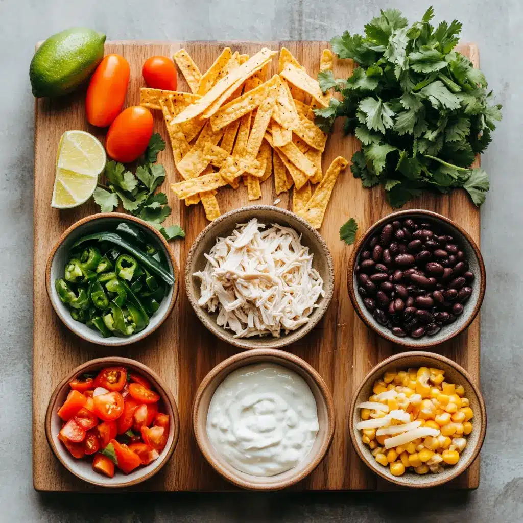 Crockpot Creamy Chicken Tortilla Soup: Delicious and Easy Recipe 5 Ingredients laid out for Crockpot Creamy Chicken Tortilla Soup including chicken, poblanos, tomatoes, and corn