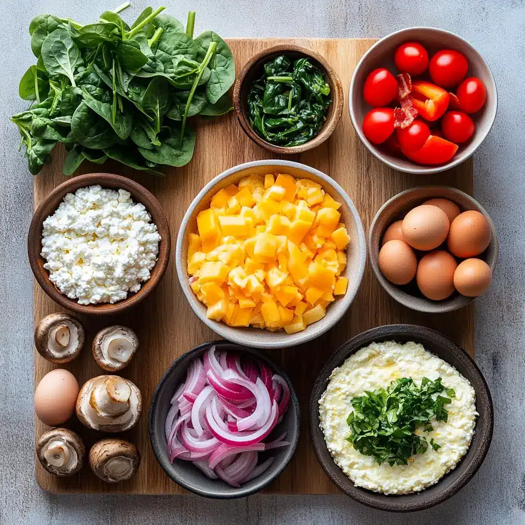 Overhead view of crustless cottage cheese breakfast quiche ingredients, neatly arranged on a countertop