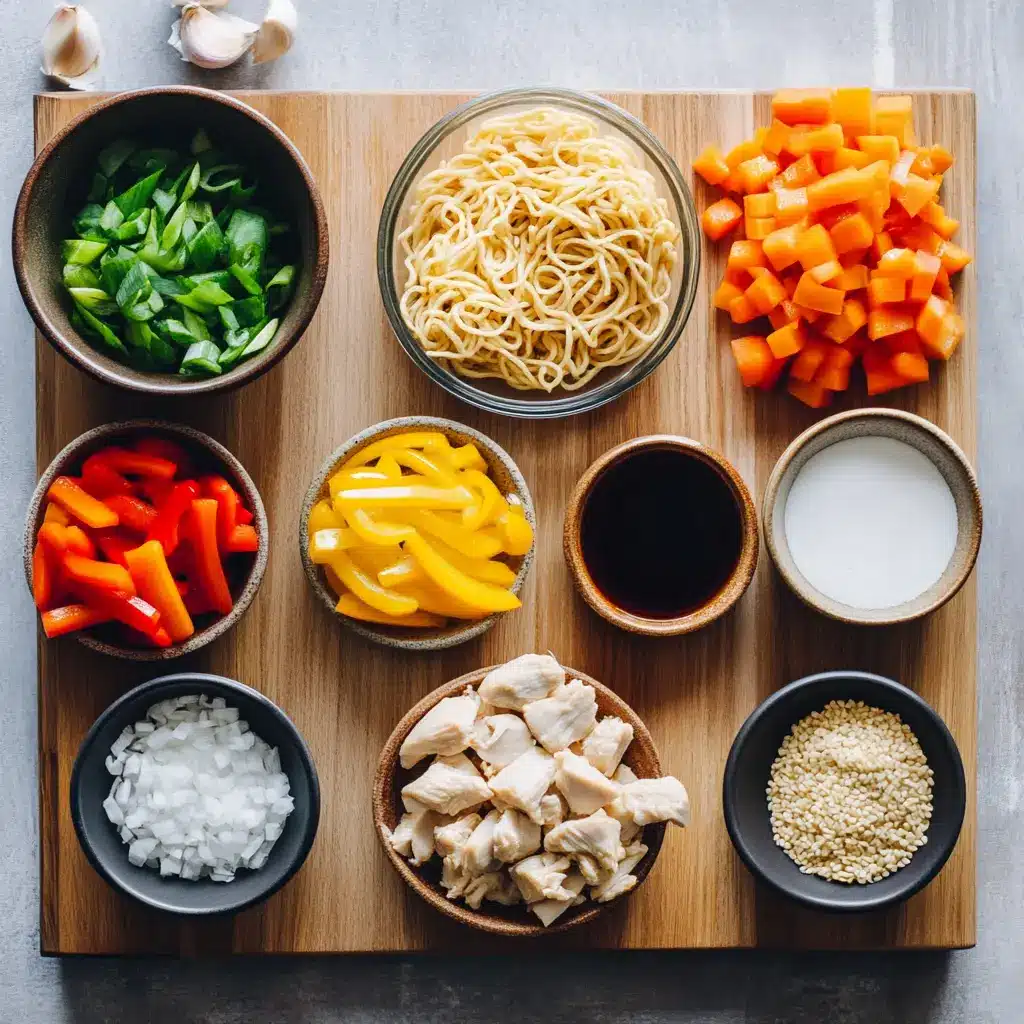 A vibrant, close-up view of homemade chicken lo mein, featuring tender chicken, colorful bell peppers, carrots, and green onions tossed with glistening noodles.