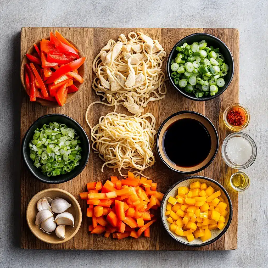 Delicious Chicken Lo Mein Recipe Quick Easy Meal 5 Flat lay of ingredients for chicken lo mein including noodles, bell peppers, soy sauce, and sesame oil