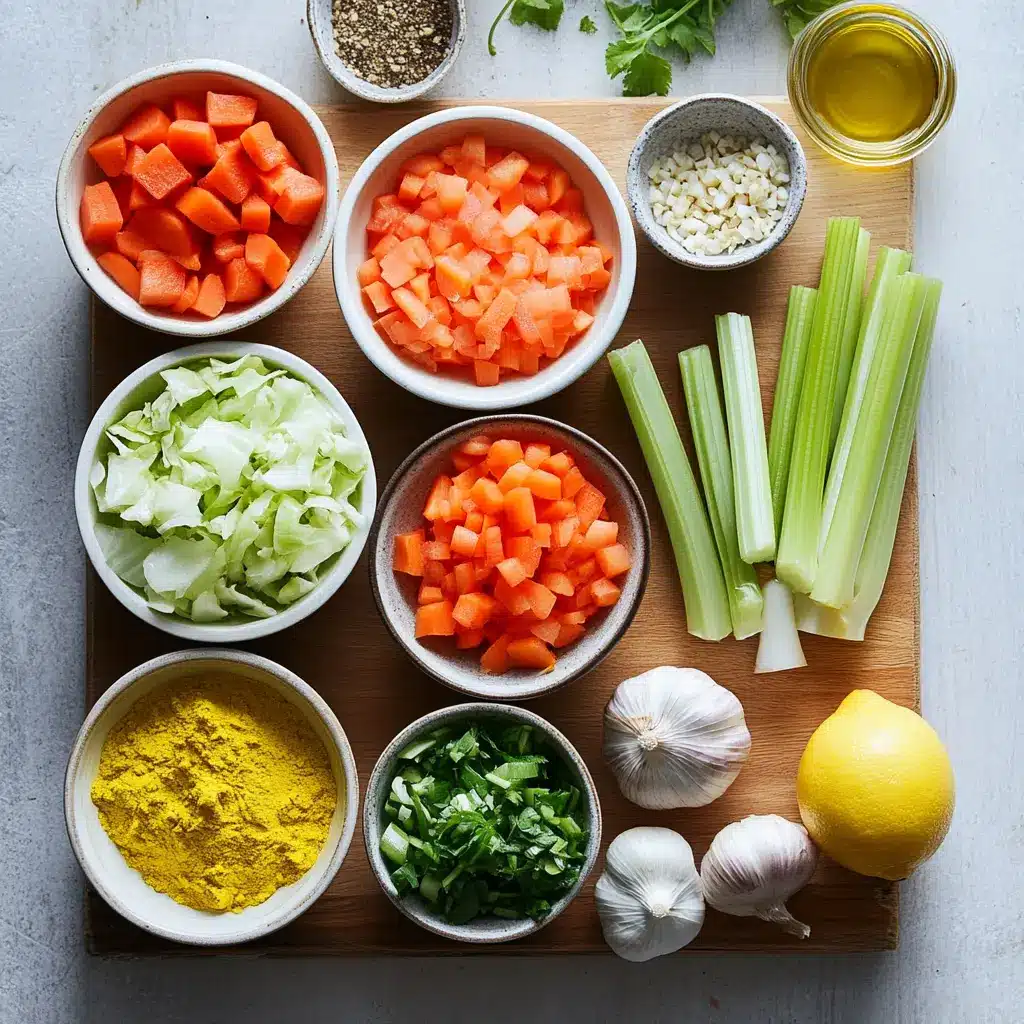 Detox Cabbage Soup Recipe for Vibrant Weight Loss 5 Ingredients for detox cabbage soup arranged neatly on a cutting board