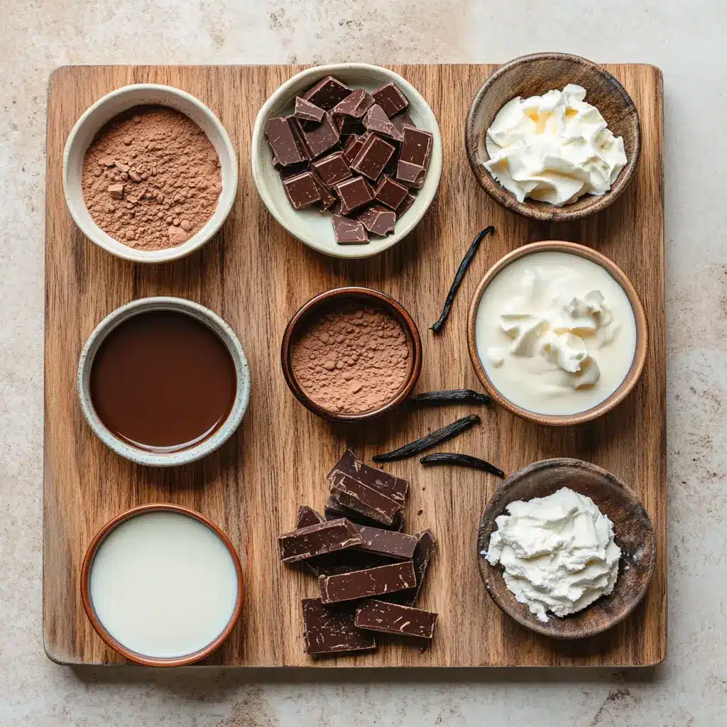 Disneyland Hot Chocolate Recipe: Easy Best Cozy Treat 4 Arrangement of ingredients for Disneyland's Hot Chocolate Recipe, including cocoa powder, whole milk, heavy cream, vanilla extract, and sweetened condensed milk on a kitchen counter.