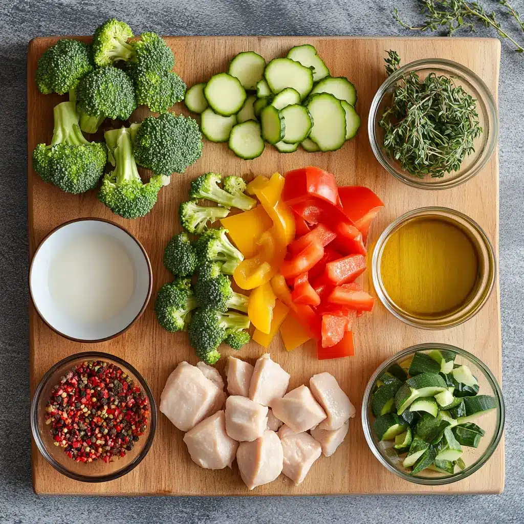 Ingredients laid out for Easy Chicken and Vegetables Skillet Recipe with fresh produce and seasonings
