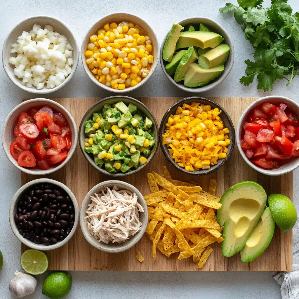 Easy Chicken Tortilla Soup: Delicious Simple Recipe 5 Ingredients for easy chicken tortilla soup arranged neatly on a counter