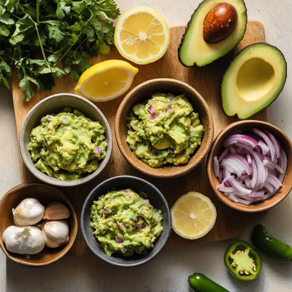Easy Fresh Guacamole Recipe: Delicious and Quick 5 Fresh ingredients for easy guacamole: ripe avocados, lime, red onion, cilantro, and salt arranged on a wooden board.