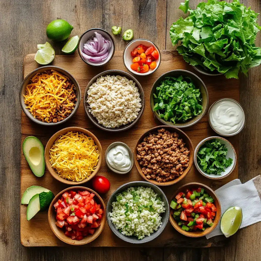 Vibrant easy low carb burrito bowl with seasoned ground chicken, cauliflower rice, avocado, and fresh toppings.