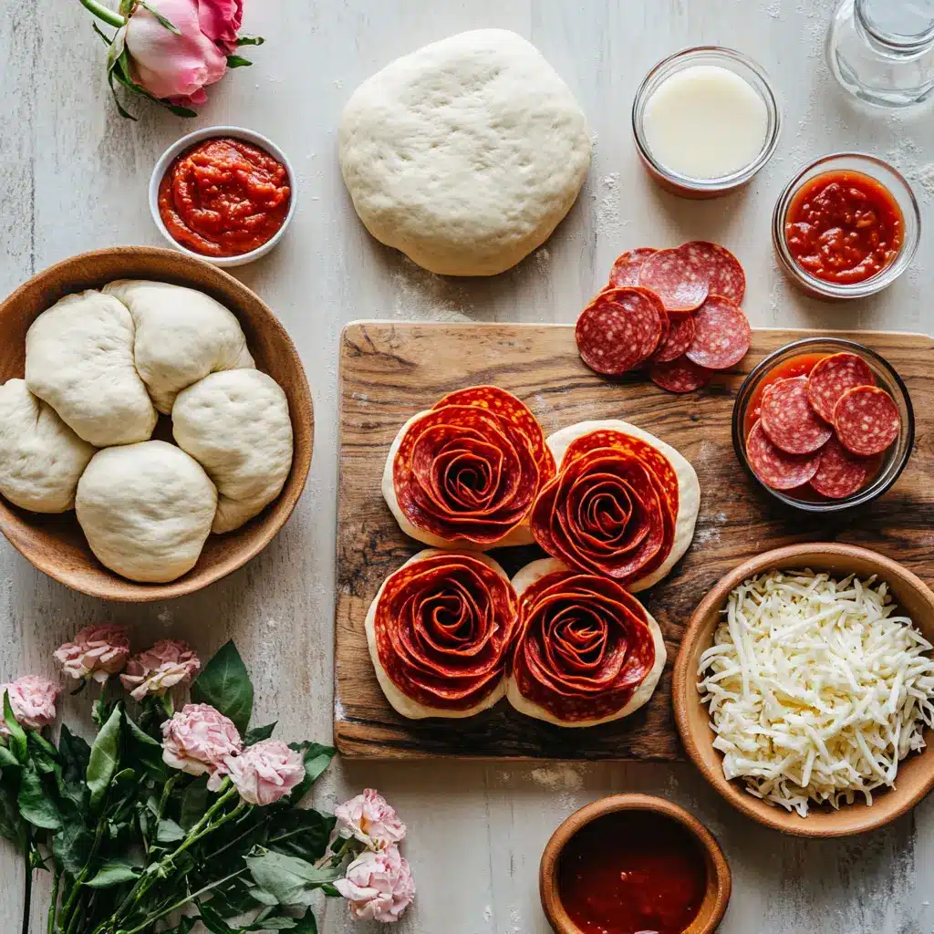 Easy Pizza Roses for Valentines Day: Irresistible Treat 5 A flat lay of ingredients for Easy Pizza Roses: a can of refrigerated pizza dough, a bowl of marinara sauce, mozzarella cheese slices, and pepperoni slices, arranged neatly on a white background.