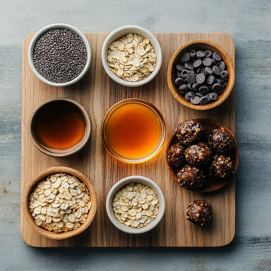 Energy Oatmeal Balls: Quick Delicious Healthy Treat 5 Ingredients for Energy Oatmeal Balls: Quick oats, peanut butter, honey, and mini chocolate chips displayed on a clean surface