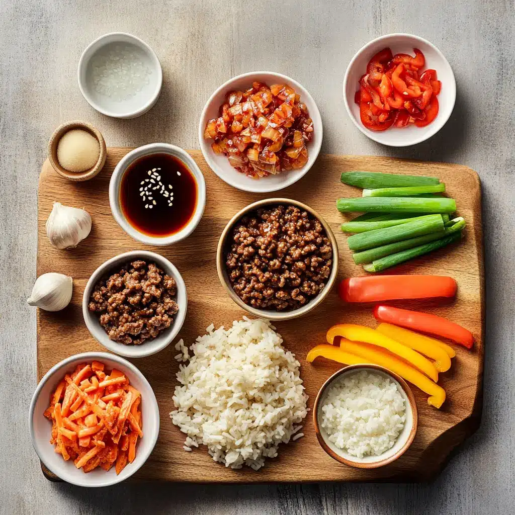 Flavorful Korean Ground Beef Bowl: Easy and Delicious Recipes 4 Arrangement of fresh ingredients for a Flavorful Korean Ground Beef Bowl, including ground beef, ginger, garlic, green onions, and spices.