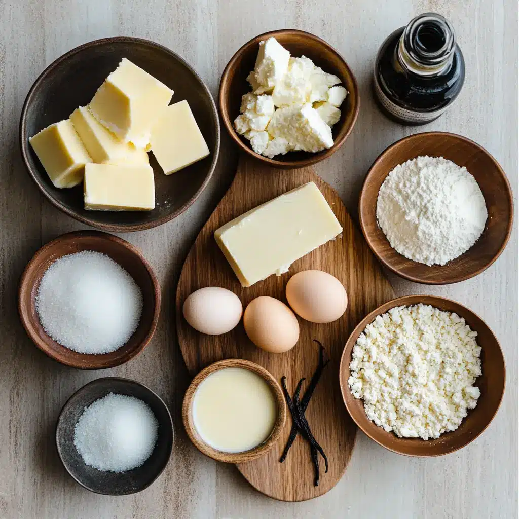 A flat lay of ingredients for fluffy crustless cheesecake: blocks of cream cheese, eggs, a tub of sour cream, and a bottle of vanilla extract, neatly arranged on a clean kitchen surface.