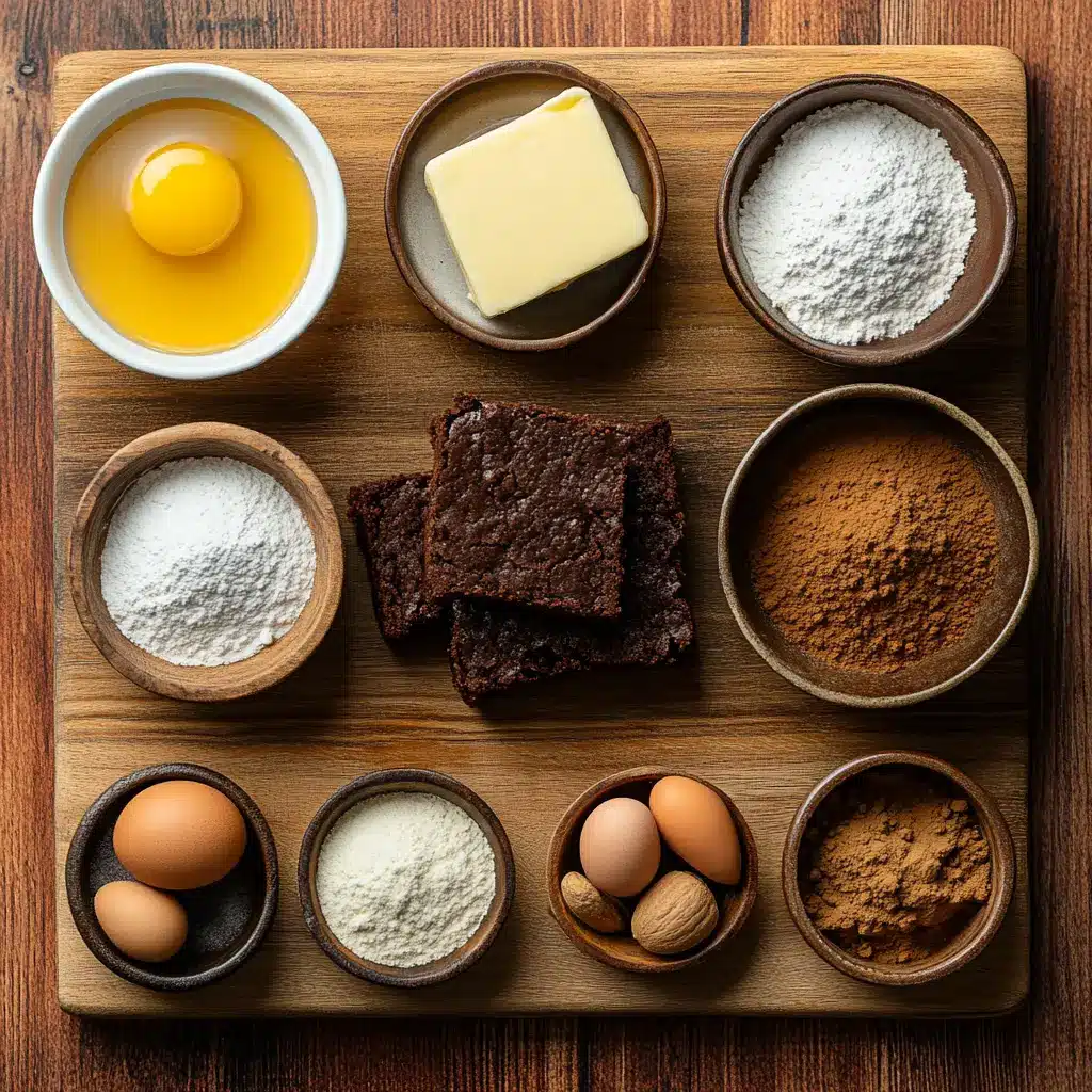 Overhead shot of gingerbread brownie ingredients, including molasses, brown sugar, eggs, flour, ground ginger, and cinnamon on a white surface.