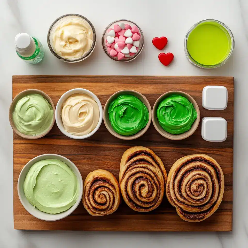 Festive Grinch Cinnamon Rolls with vibrant green frosting and a red heart candy, ready for holiday breakfast