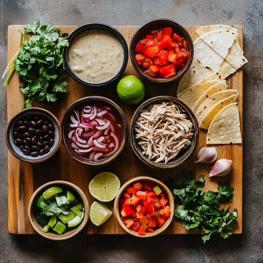 Hearty Chicken Tortilla Soup 5 Ways To Enjoy Now 5 Top-down view of hearty chicken tortilla soup with tomatoes, chicken, and tortilla strips in a white bowl