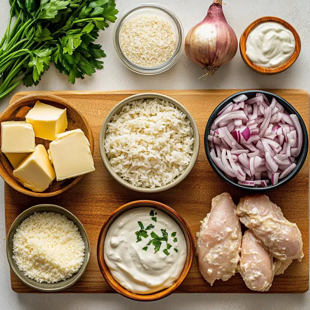 High Protein Creamy Cajun Chicken Rice in a rustic bowl, garnished with fresh herbs, centered on a clean wooden surface.