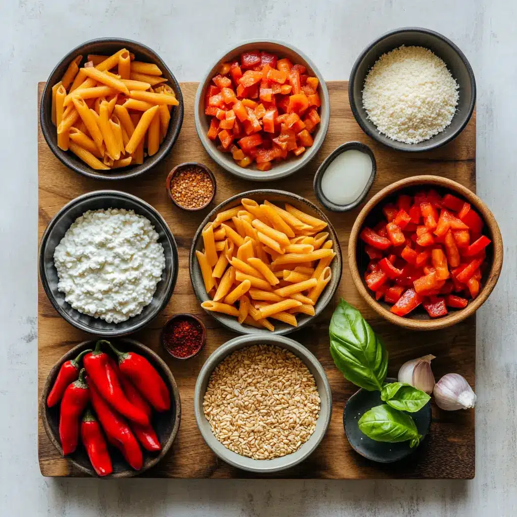 HIGH PROTEIN CREAMY ROASTED RED PEPPER PASTA centered hero view, clean and uncluttered