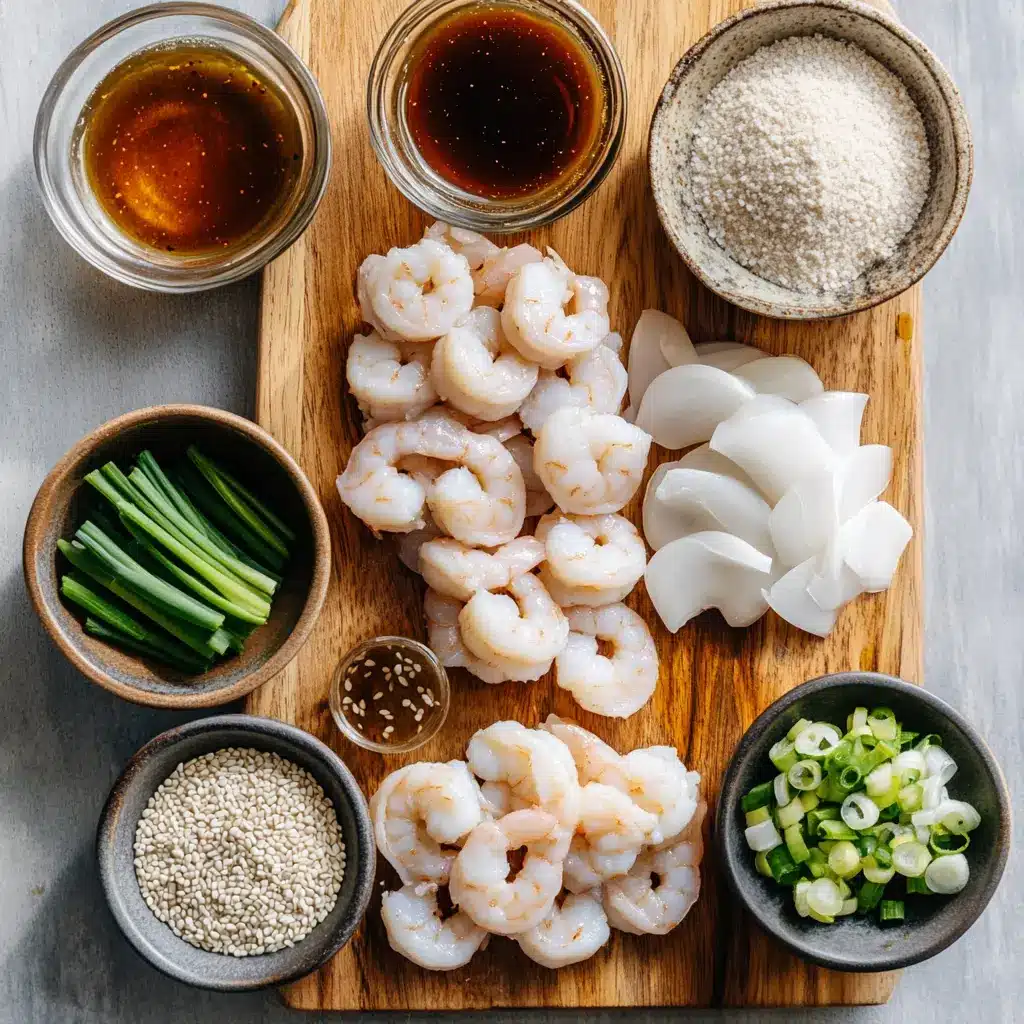 High-Protein Honey Garlic Shrimp: Quick Easy Recipe 5 Arrangement of ingredients for High Protein Honey Garlic Shrimp, including fresh shrimp, honey, garlic, and soy sauce, on a wooden cutting board.