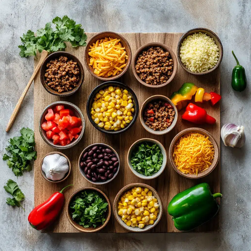 A vibrant display of fresh ingredients for High-Protein Unstuffed Peppers, including colorful bell peppers, ground turkey, black beans, diced tomatoes, corn, and various spices arranged neatly on a wooden cutting board.