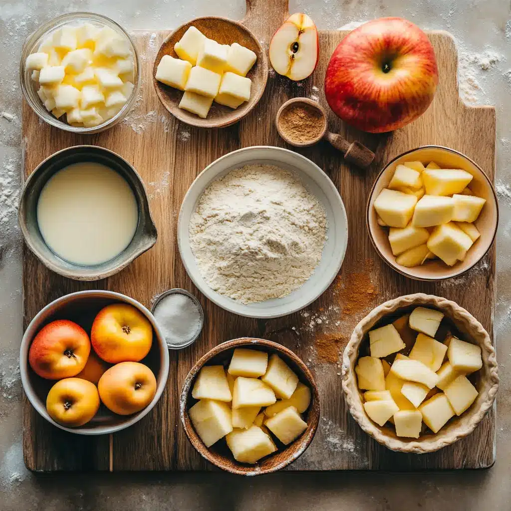 Ingredients for homemade apple pie, including sliced apples and spices, neatly arranged.