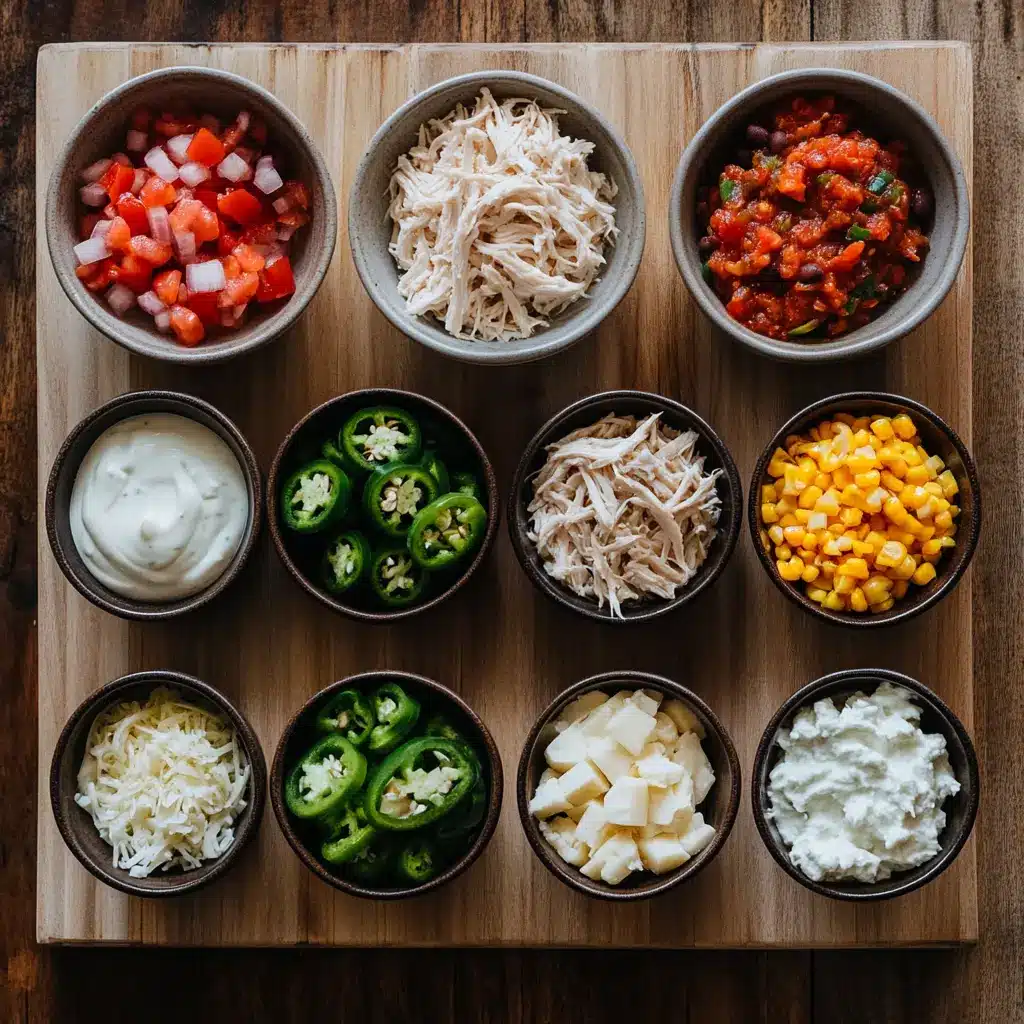 Arrangement of fresh ingredients for Instant Pot White Chicken Chili, including raw chicken breasts, white beans, corn, spices, and jalapeños.