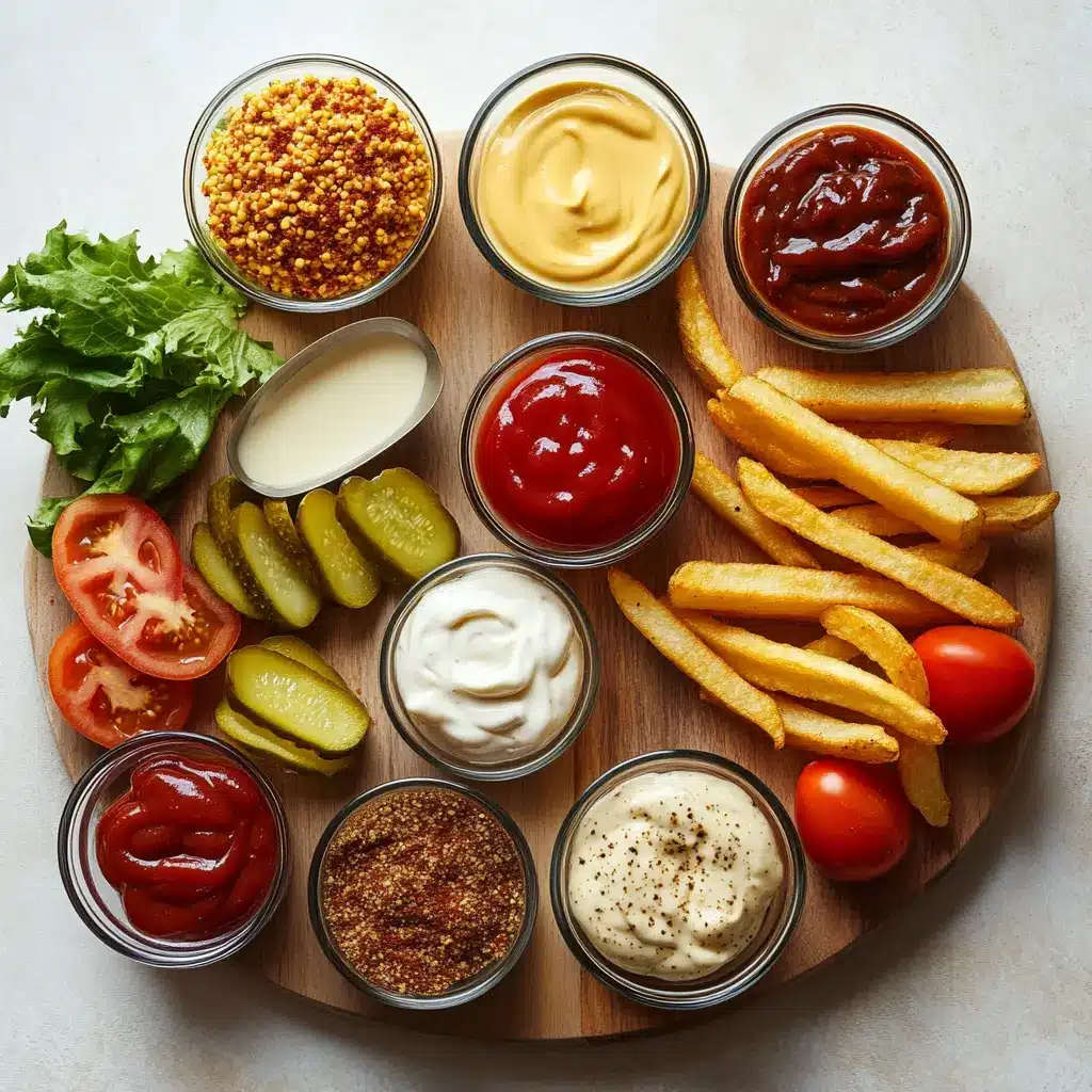 A vibrant display of ingredients for smash burger sauce: creamy mayonnaise, bright red ketchup, yellow mustard, and various spices like smoked paprika.