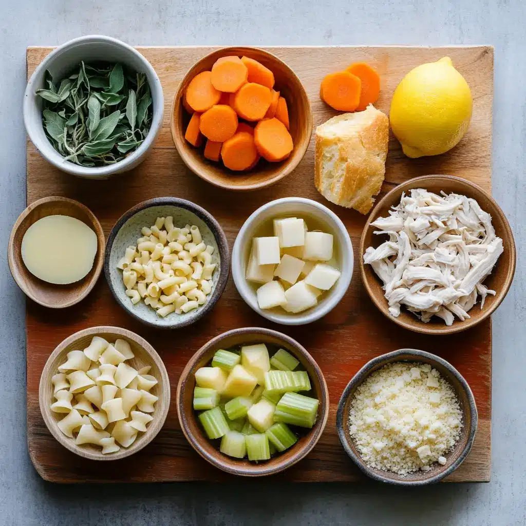 Italian Penicillin Soup Recipe: Irresistible Comfort 5 Overhead shot of fresh ingredients for Italian Penicillin Soup: whole bone-in chicken breast, onion, carrots, celery, garlic, dried oregano, thyme, small pasta, lemons, and parsley arranged neatly on a wooden board.