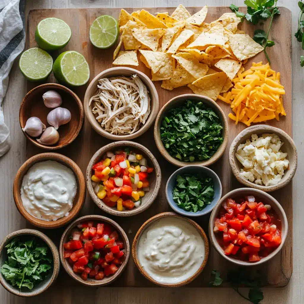 Low Calorie Chicken Tortilla Soup: Easy and Delicious 5 Ingredients laid out for LOW CALORIE CHICKEN TORTILLA SOUP including chicken, tomatoes, spices and aromatics