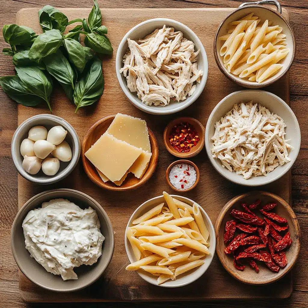 A comforting bowl of Marry Me Chicken Pasta, featuring creamy sauce, tender chicken, and sun-dried tomatoes, garnished with fresh herbs.
