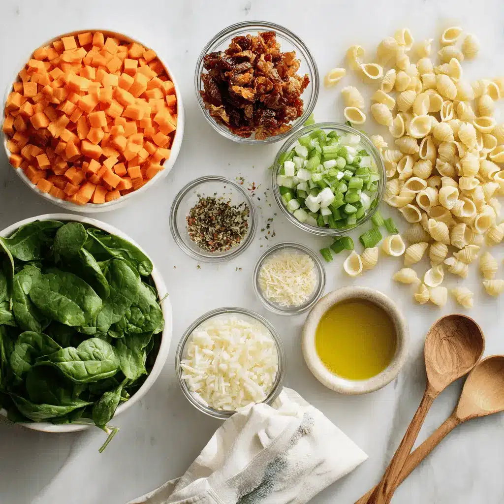 Overhead shot of fresh ingredients for creamy Marry Me Chicken Soup, including chicken thighs, sun-dried tomatoes, fresh basil, pasta shells, and cream cheese.