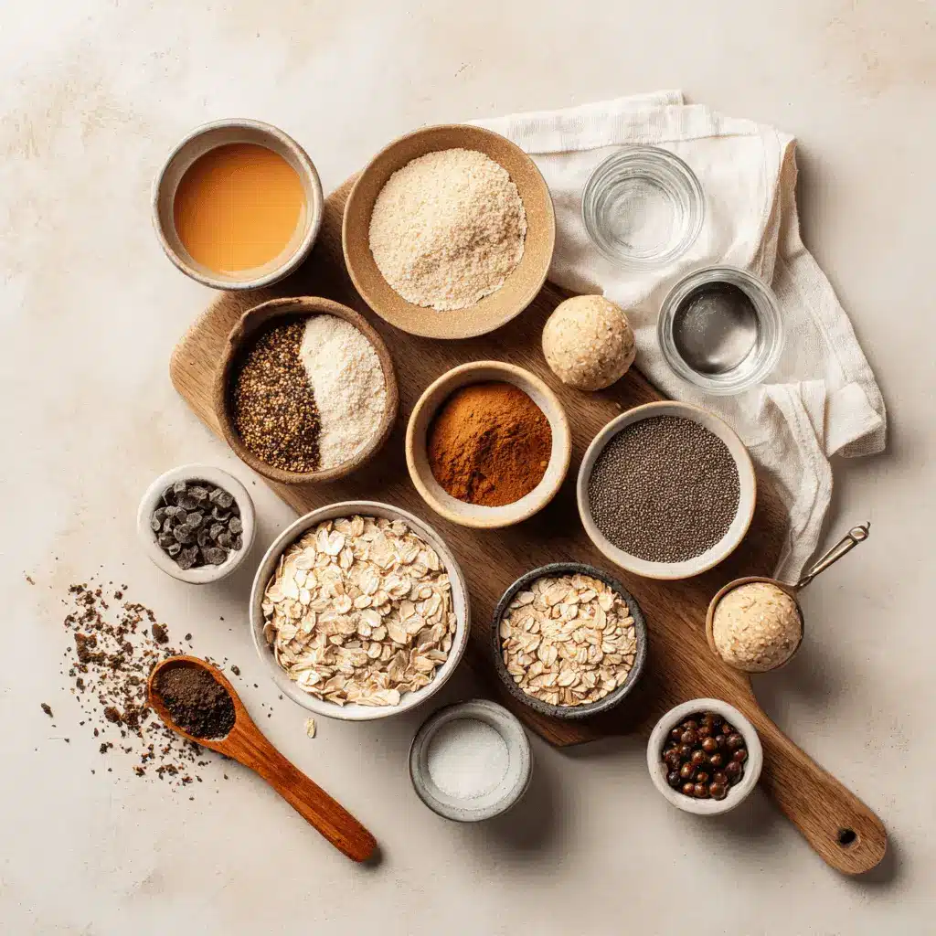 NO BAKE PROTEIN BALLS ingredients overhead layout