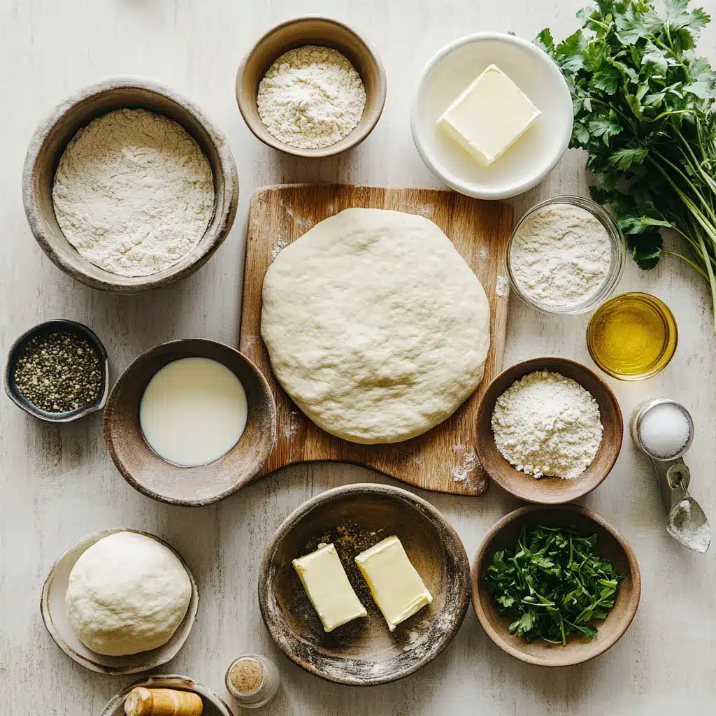 Three simple ingredients for Turkish bread: a bowl of flour, a container of yogurt, and baking powder.
