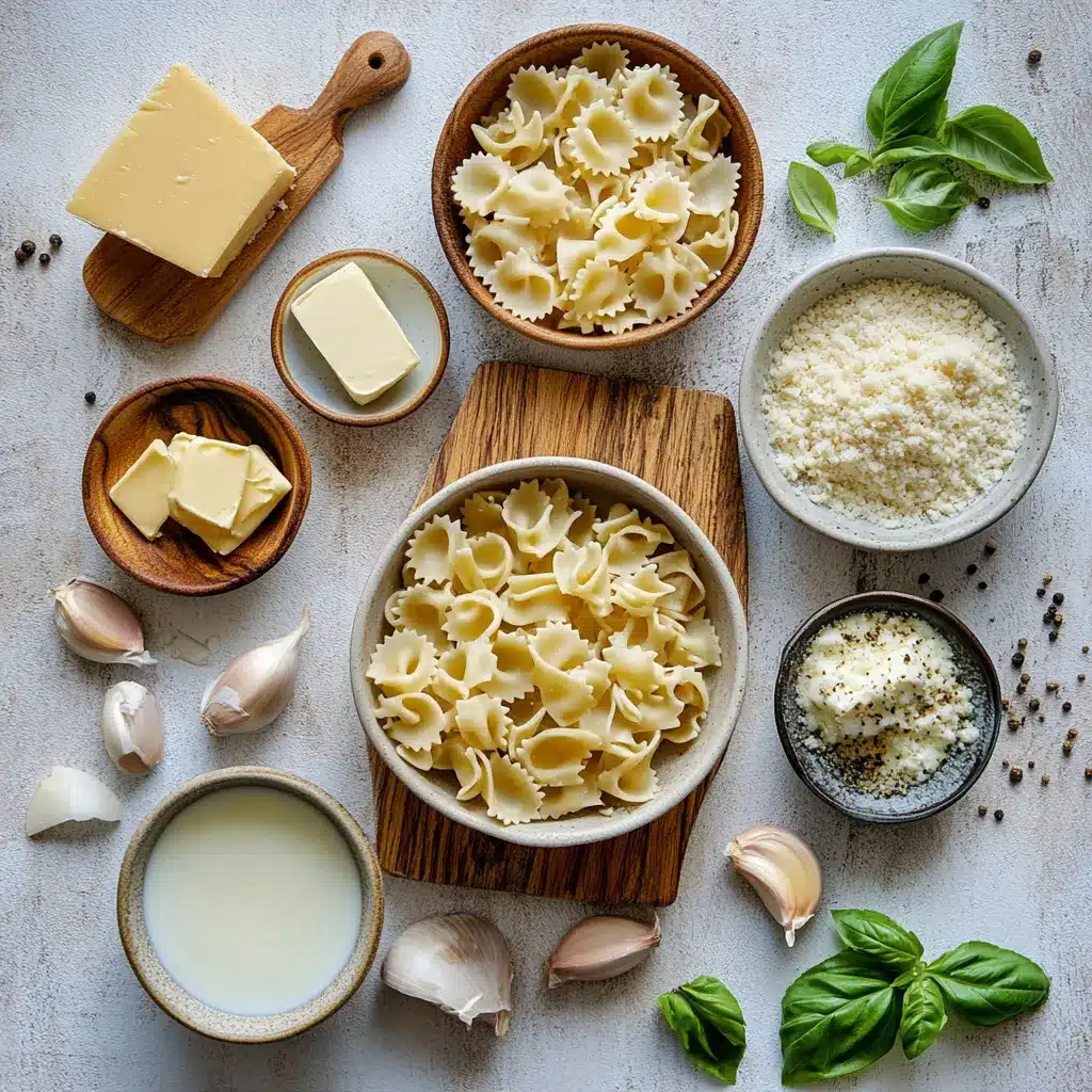 Overhead shot of One-Pot Creamy Garlic Pasta in a rustic cast-iron pot, garnished with fresh parsley.