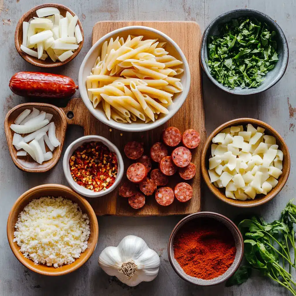 One Pot Kielbasa Pasta: Easy Delicious Cheesy Recipe 6 Hearty One Pot Kielbasa Pasta dish in a skillet, garnished with fresh parsley.