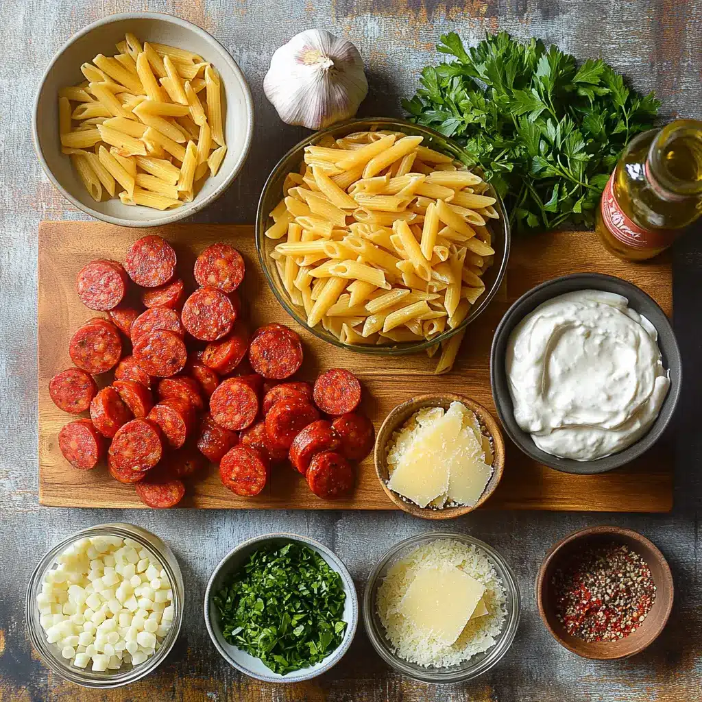 A comforting, close-up view of One Pot Kielbasa Pasta, featuring golden kielbasa slices, penne pasta, and a rich, creamy sauce, garnished with fresh herbs.