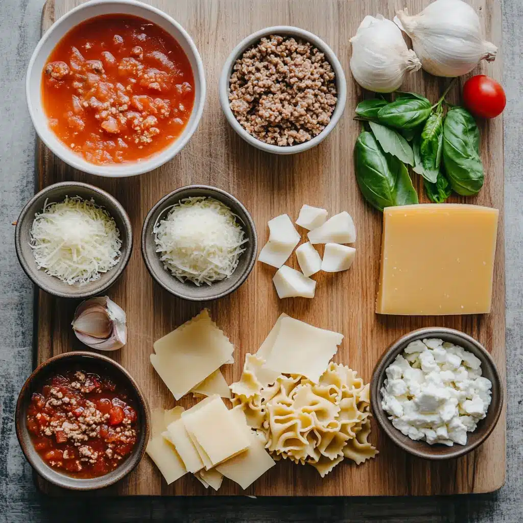 A warm bowl of one-pot lasagna soup, garnished with ricotta, mozzarella, and fresh basil, on a rustic wooden table.