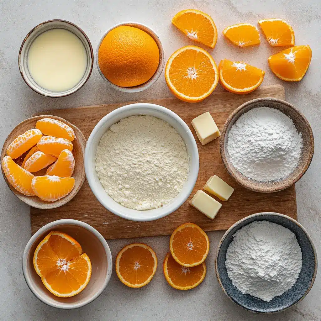 Orange Creamsicle Cake: Deliciously Simple Recipe 5 Ingredients laid out for Orange Creamsicle Cake: fresh oranges, butter, eggs, flour, buttermilk, and other baking essentials.