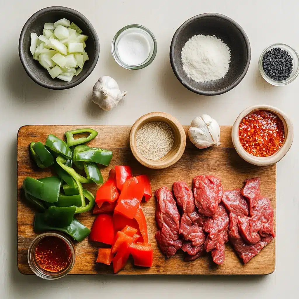 Arrangement of fresh ingredients for Pepper Steak Recipe, including thinly sliced beef, vibrant bell peppers, and onions on a cutting board.