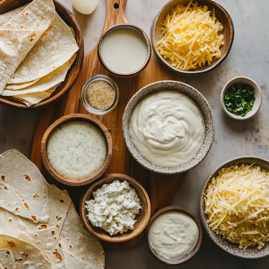 PROTEIN CHICKEN ENCHILADAS WITH DREAMY WHITE SAUCE ingredients overhead layout