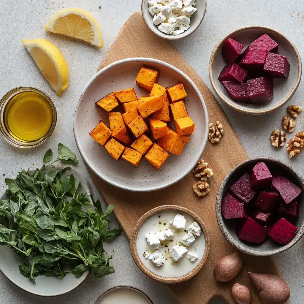 Vibrant roasted beet and sweet potato salad with feta cheese, fresh parsley, and toasted walnuts, served in a bowl.