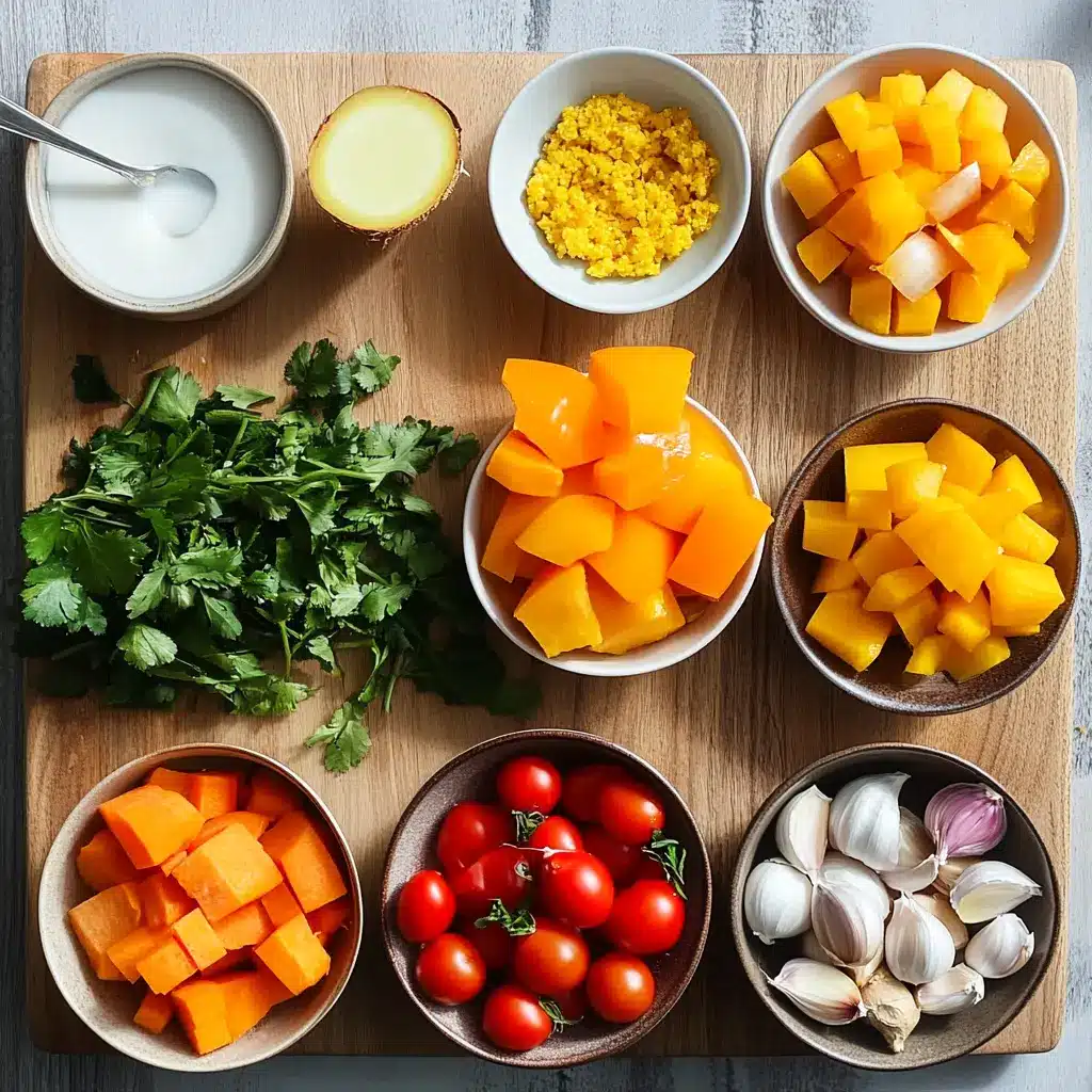 Roasted Butternut Squash Soup Comforting Easy Recipe 5 Assortment of fresh ingredients like butternut squash, carrots, red onions, garlic, and spices, ready for making a homemade creamy roasted butternut squash soup.