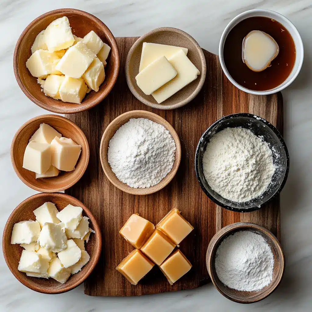 Salted Caramel Cheesecake Cookies Recipe You Need 5 Ingredients for Salted Caramel Cheesecake Cookies, clearly arranged on a clean white surface