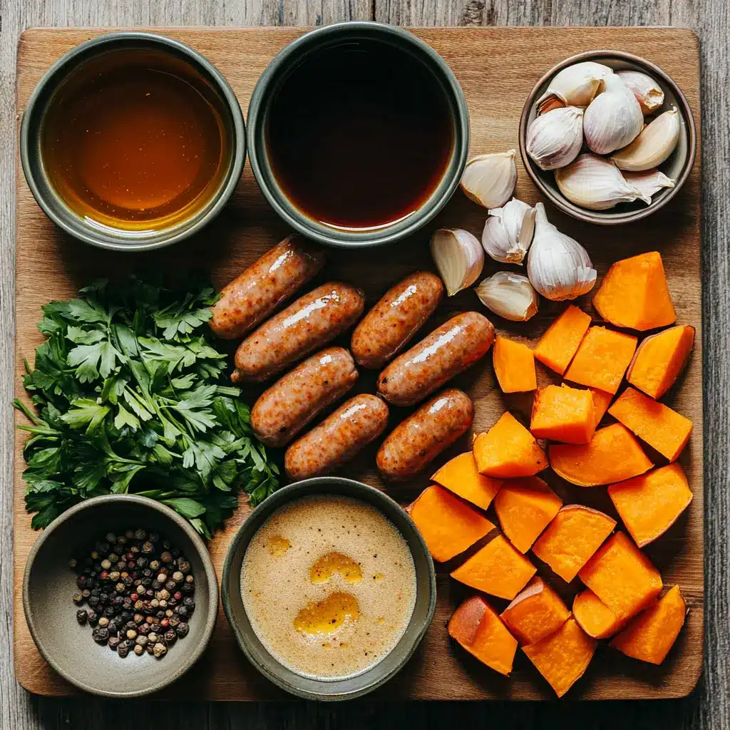 Overhead hero shot of sausage and sweet potatoes with honey garlic sauce in skillet