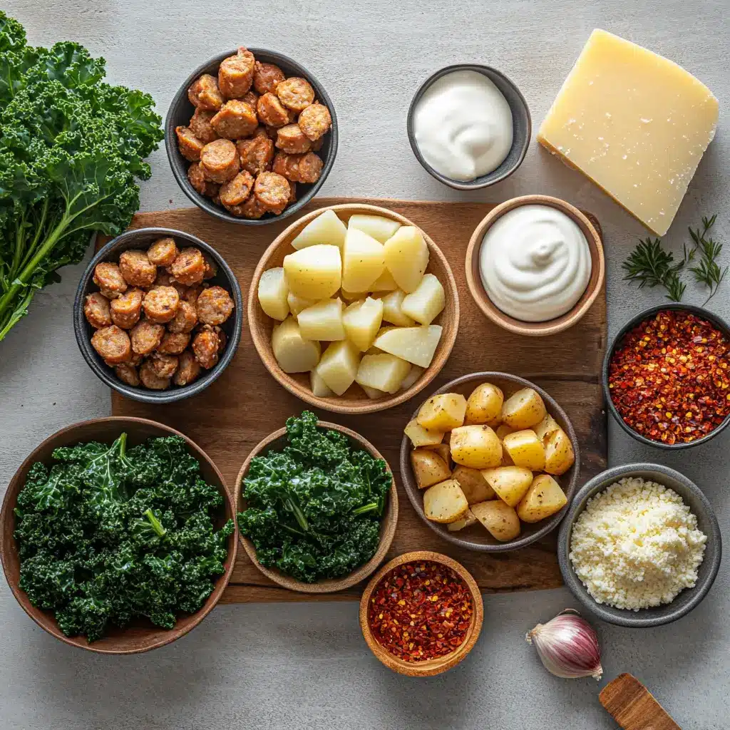 Sausage Potato and Kale Soup: A Delicious Cozy Treat 6 Hearty Sausage Potato and Kale Soup, garnished with fresh herbs, in a cozy bowl on a rustic table.