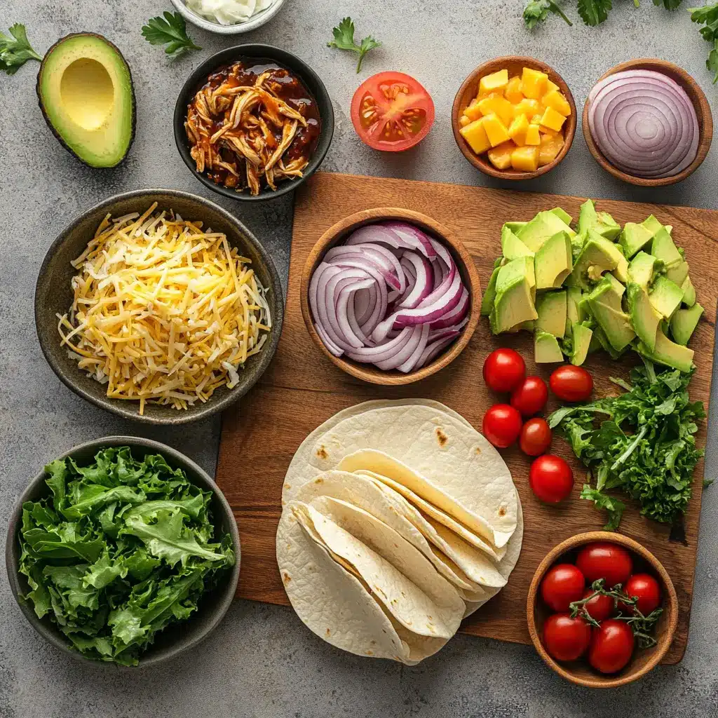 Ingredients display for savory honey BBQ chicken wraps, featuring tortillas, chicken, sauce, and fresh vegetables