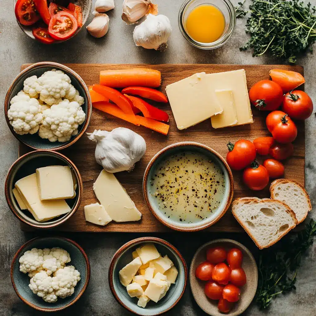 Colorful chopped vegetables like carrots, bell peppers, and cauliflower arranged on a sheet pan, ready for roasting to make sheet pan soup