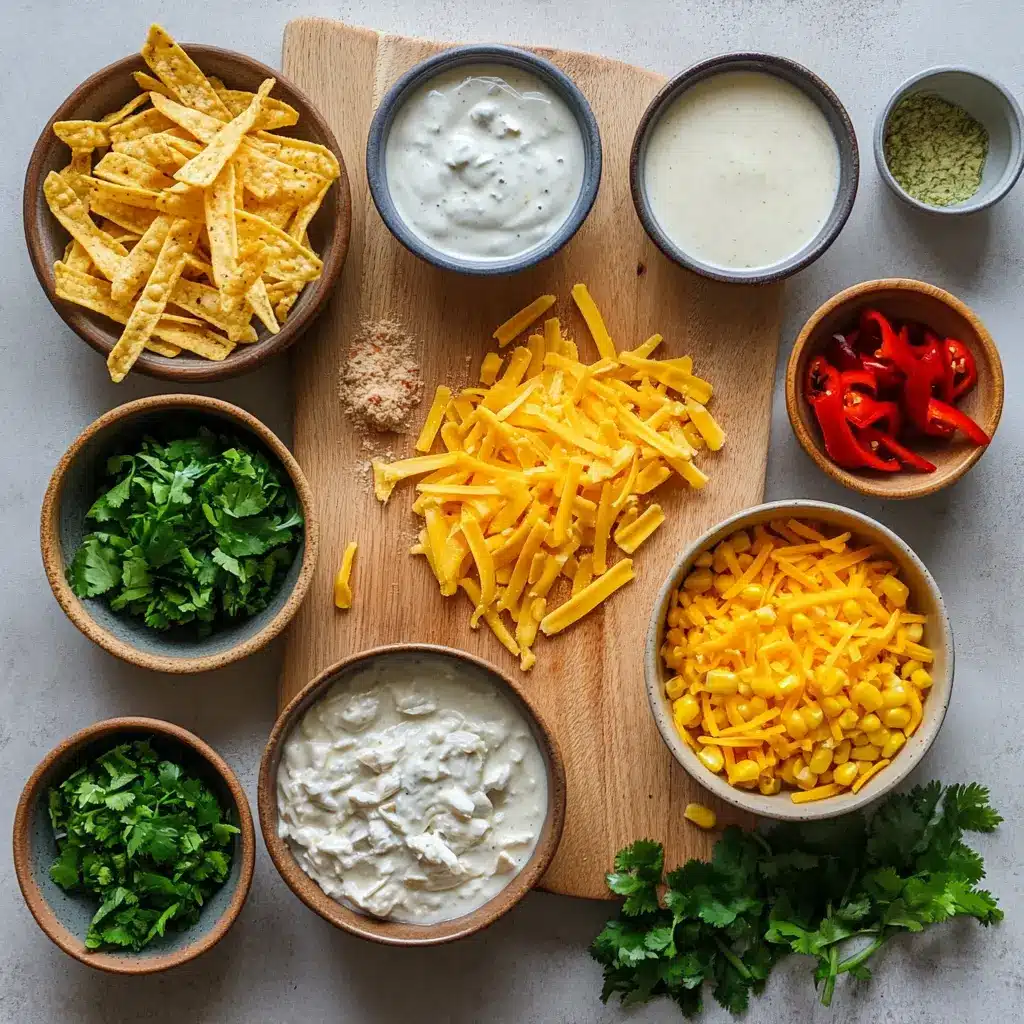 Overhead view of ingredients for slow cooker creamy chicken tortilla soup including chicken breasts, broth, corn, green chilies, taco seasoning, cheese, and sour cream