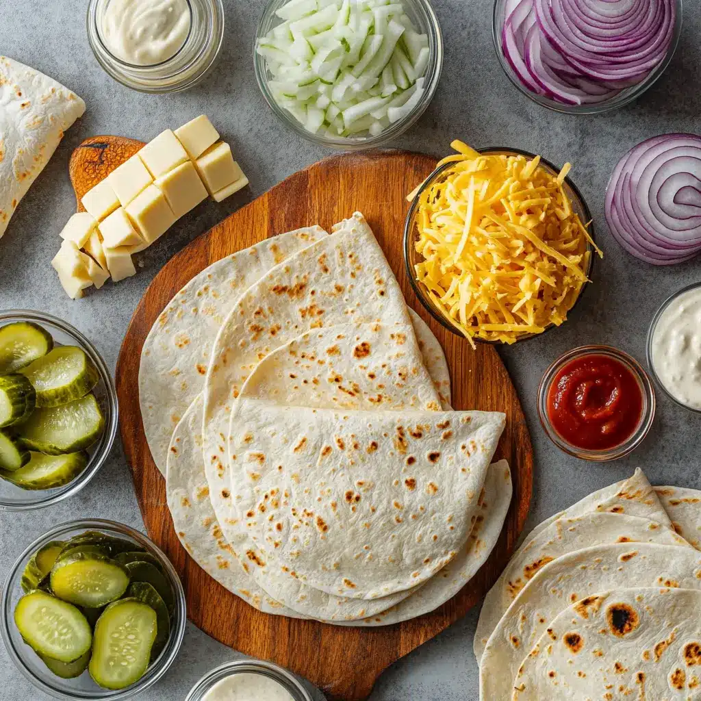Arrangement of fresh ingredients for Smashburger Quesadillas: ground beef, various cheeses, flour tortillas, and seasonings laid out on a countertop.