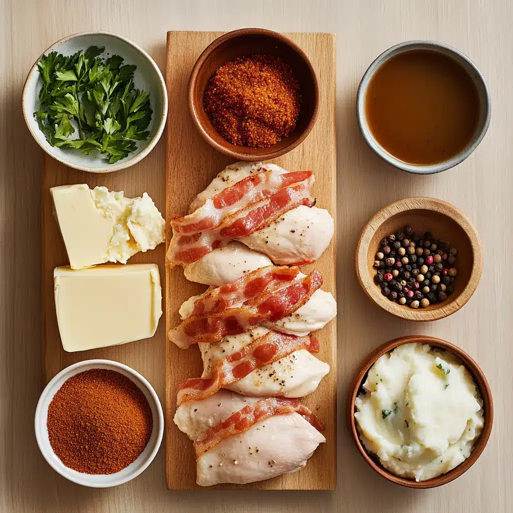 Smothered Chicken Easy and Delicious Recipe to Love 5 SMOTHERED CHICKEN ingredients overhead layout
