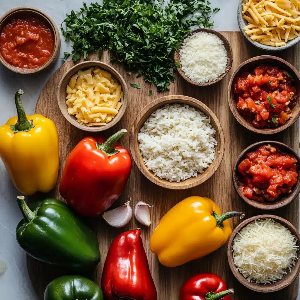 Vibrant bell peppers filled with savory ground beef and rice, topped with melted mozzarella, baked in a dish.