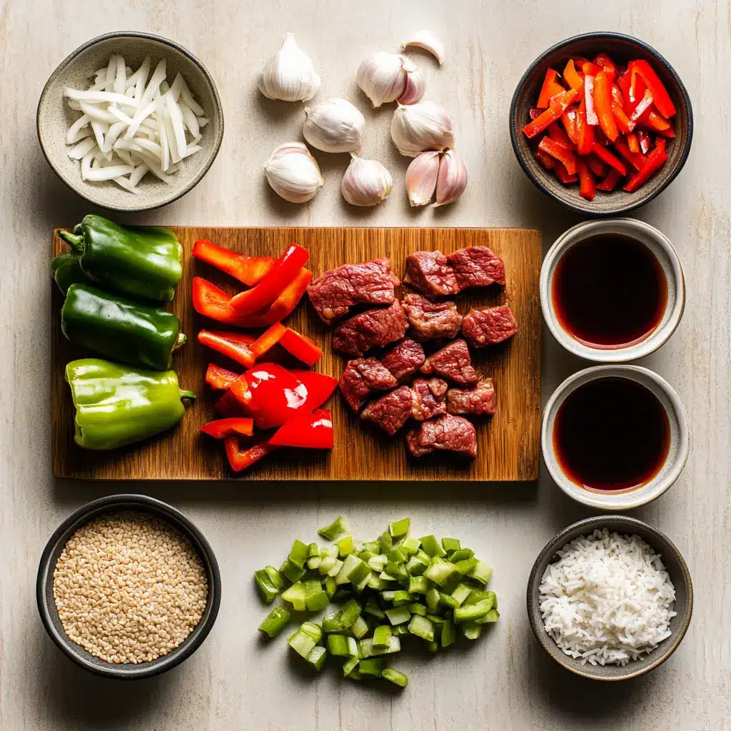 Takeout Worthy Chinese Pepper Steak that You'll Love 5 Vibrant ingredients for Takeout Worthy Chinese Pepper Steak, featuring thinly sliced beef, colorful bell peppers, and fresh aromatics, ready for stir-frying.