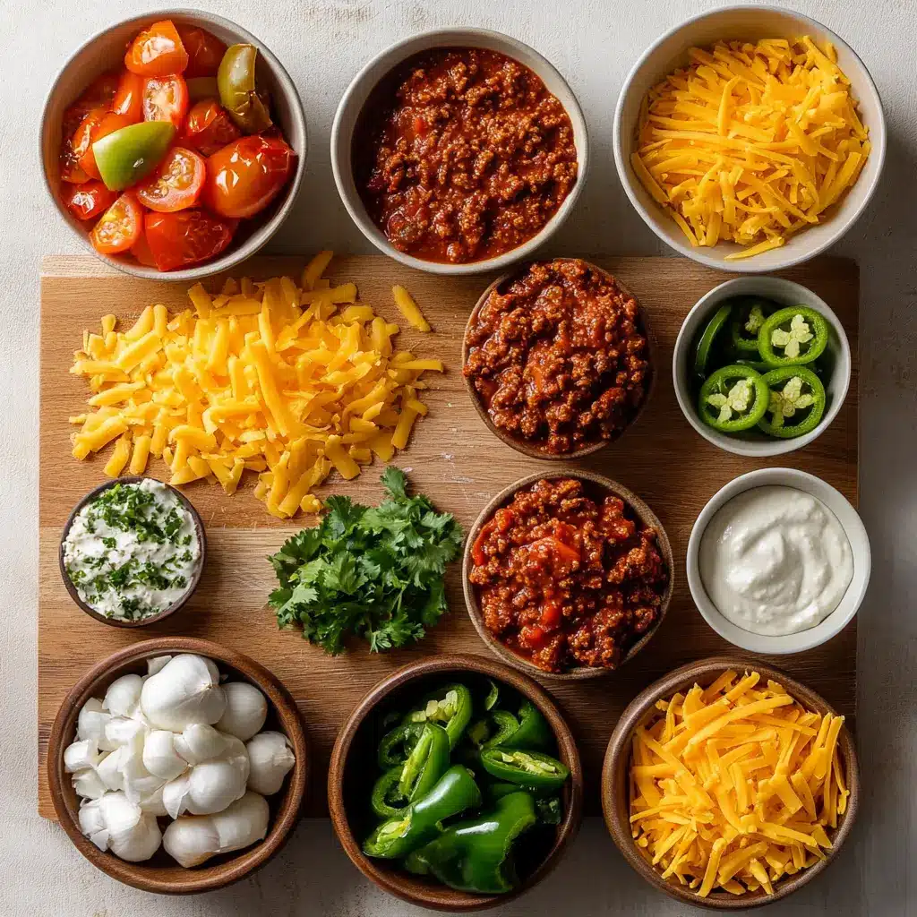 Texas No Beans Chili Recipe: Irresistible Taste Adventure 6 Overhead shot of fresh ingredients for Texas No Beans Chili, including ground beef, diced tomatoes, onions, garlic, chili powder, cumin, and beef broth, arranged on a rustic wooden board.